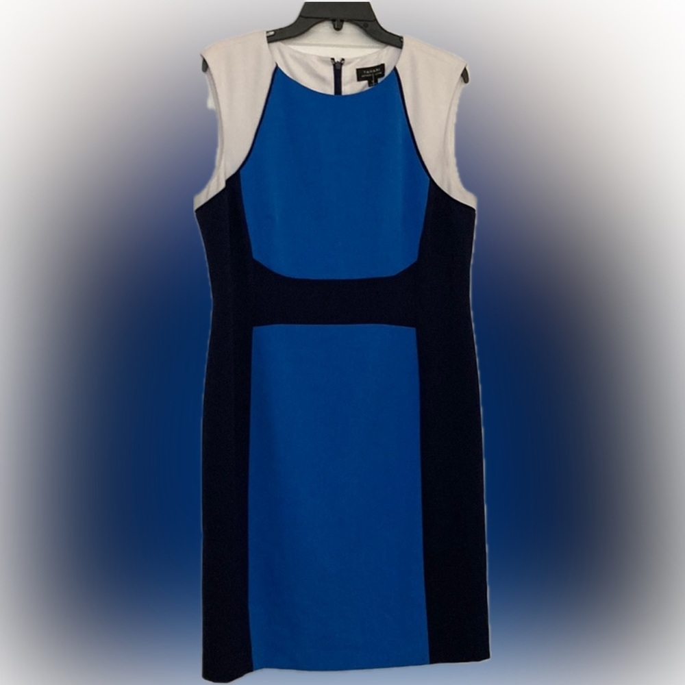TAHARI sheath dress in navy blue and white size 14 NWT